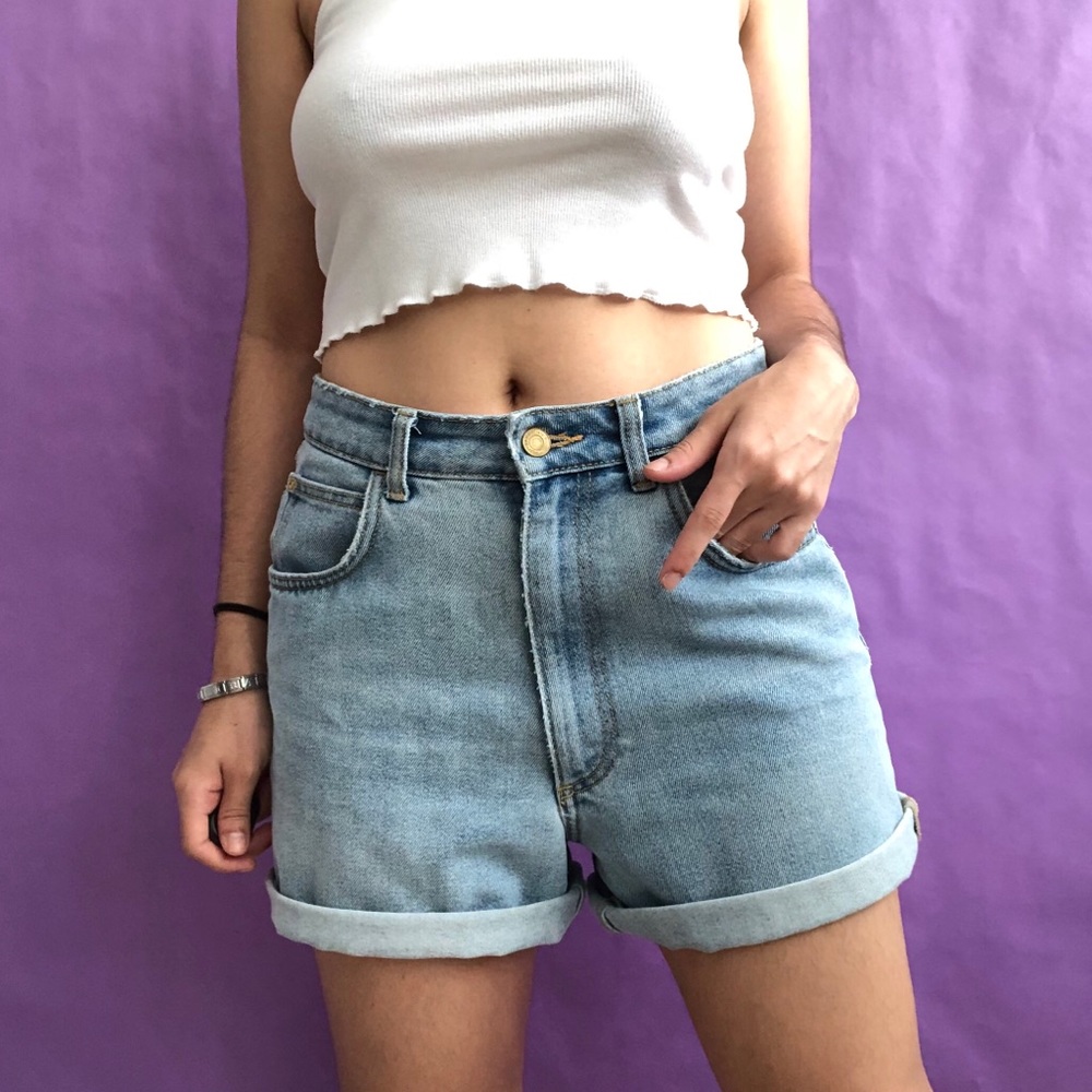 Super High Waisted Light Wash Denim Mom Shorts